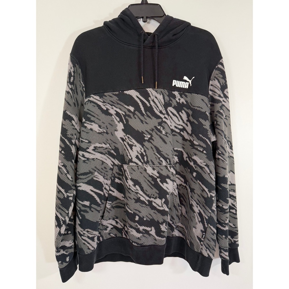 Puma Essentials+ Camo Hoodie Men XL Black Gray Digital Camo Fleece Pullover